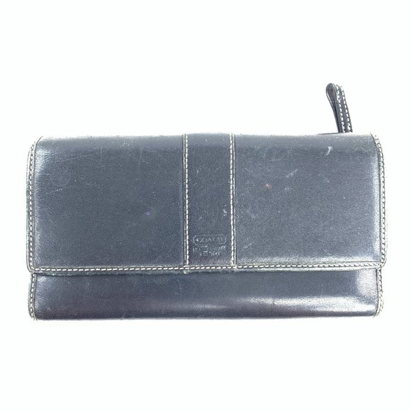 Coach Black Leather Snap Large Trifold Wallet Credit Cards Checkbook Clutch - Picture 1 of 9